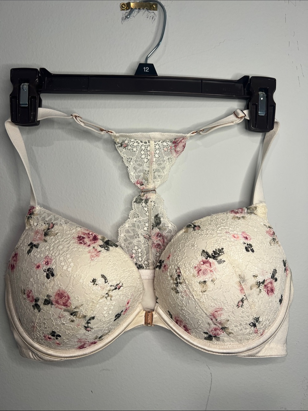 Victoria's Secret PINK Cream Floral Lace Push-Up Bra with Pink Roses 36D
